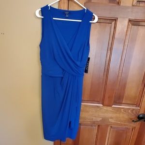 Blue Chaps dress, side ruffle, faux wrap, size L